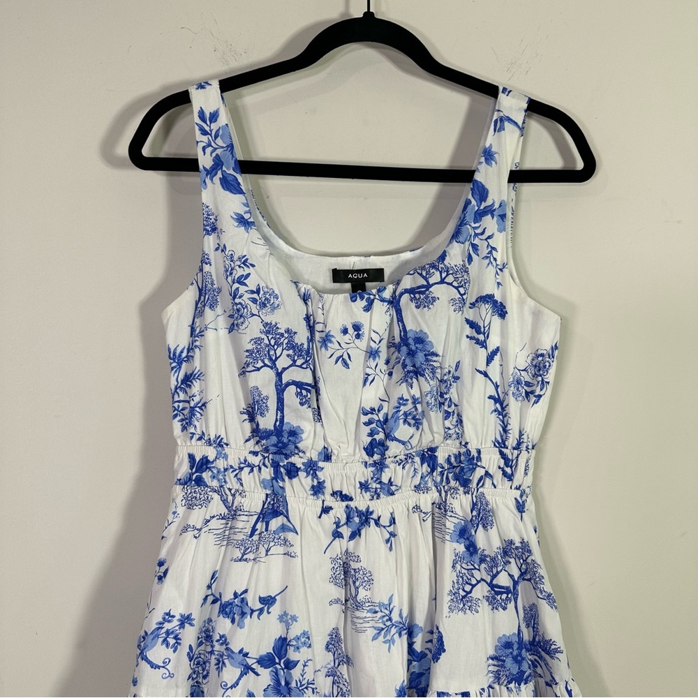 Aqua White Blue Delft Print Sleeveless Scoop Neck A-Line Cotton Midi Dress - Picture 2 of 7
